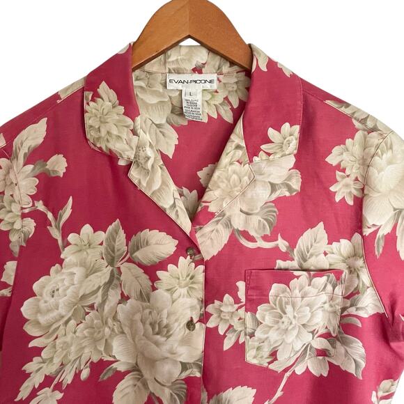 Evan Picone Red Cream Floral Print Ramie Camp Shirt Size L Summer Casual Cottage - Picture 3 of 7